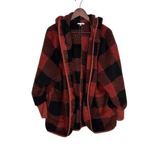 Maurices Teddy Orange Black Check Faux Fur Open Front Jacket Women's 0/1 Hooded